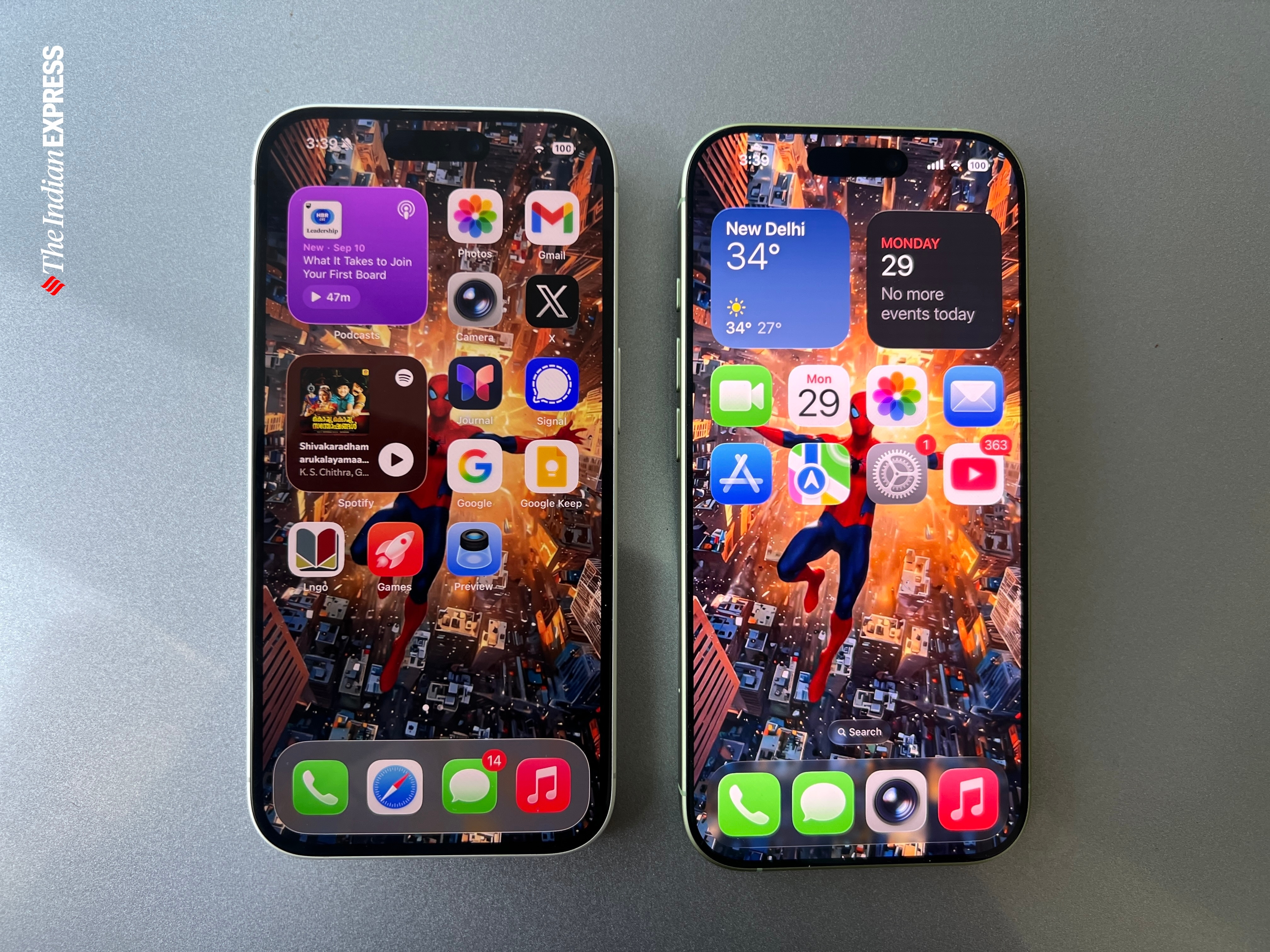 iPhone 16 (left) versus iPhone 17 (right) showing the noticeably brighter 120 Hz display with thinner bezels. (Image: Bijin Jose/The Indian Express)
