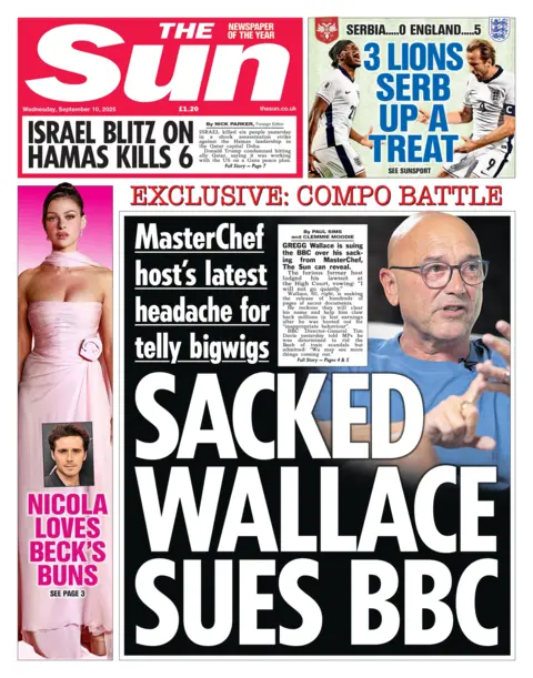 The headline on the front page of the Sun reads: "Sacked Wallace sues BBC".