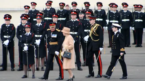 Supplied Queen Elizabeth II is inspecting troops in ceremonial uniform
