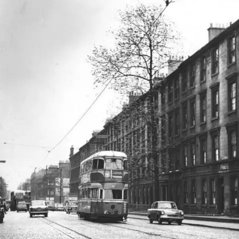 Woodland Trust A black and white photograph of Argyle Street, with a cobbled street, a tram going past and the Argyle Street Ash tree next to a row of tall houses. 