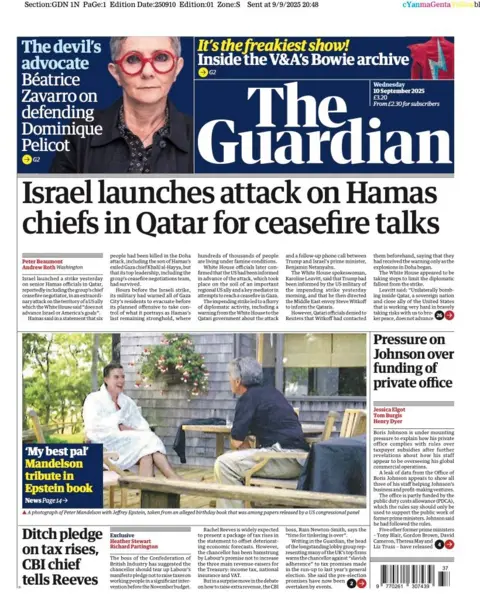The headline on the front page of the Guardian reads: "Israel launches attack on Hamas chiefs in Qatar for ceasefire talks".