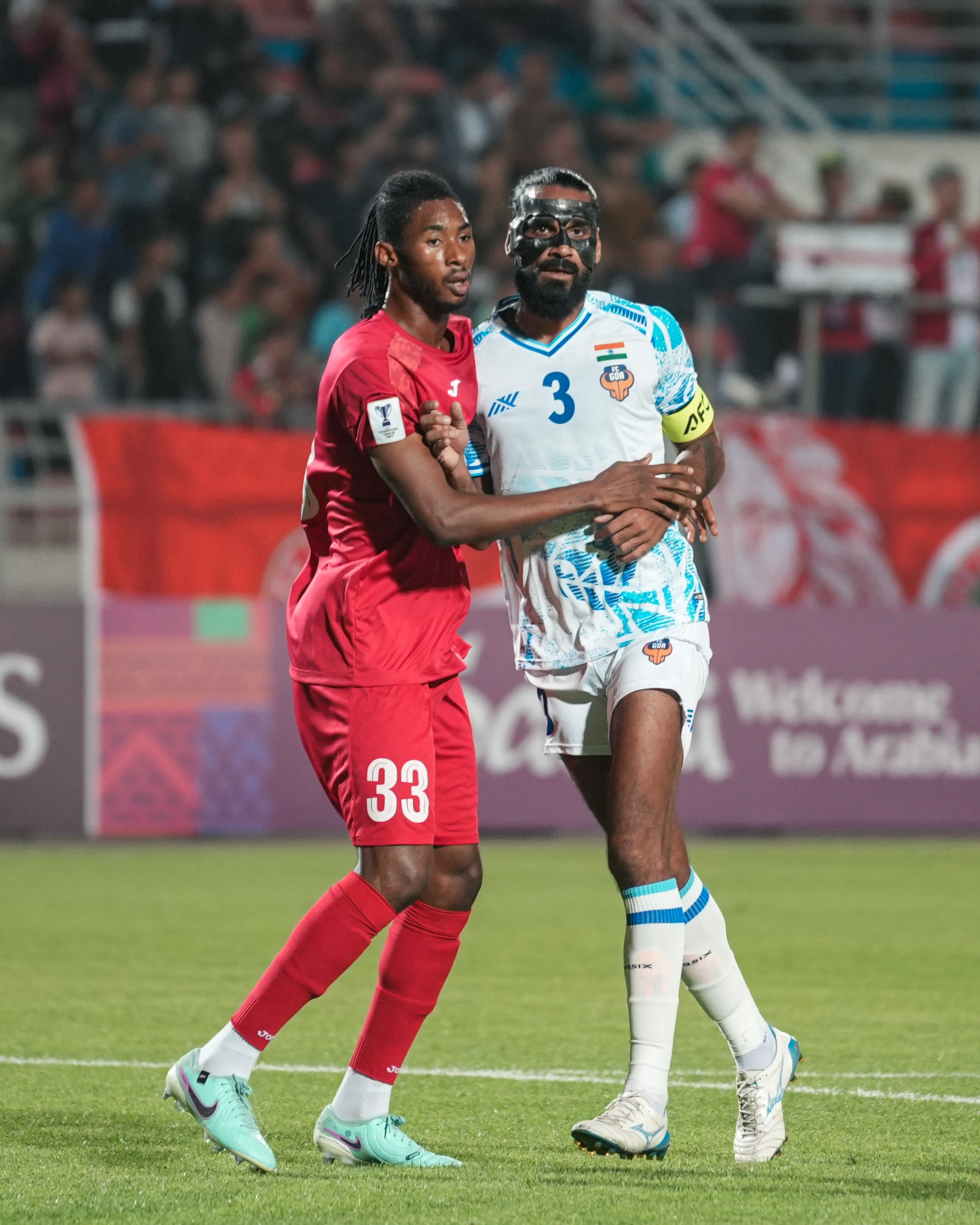Sandesh Jhingan in his first match with a face mask, against Istiklol in Asian Champions League 2. (FC Goa.) Sandesh Jhingan in his first match with a face mask, against Istiklol in Asian Champions League 2. (FC Goa.)
