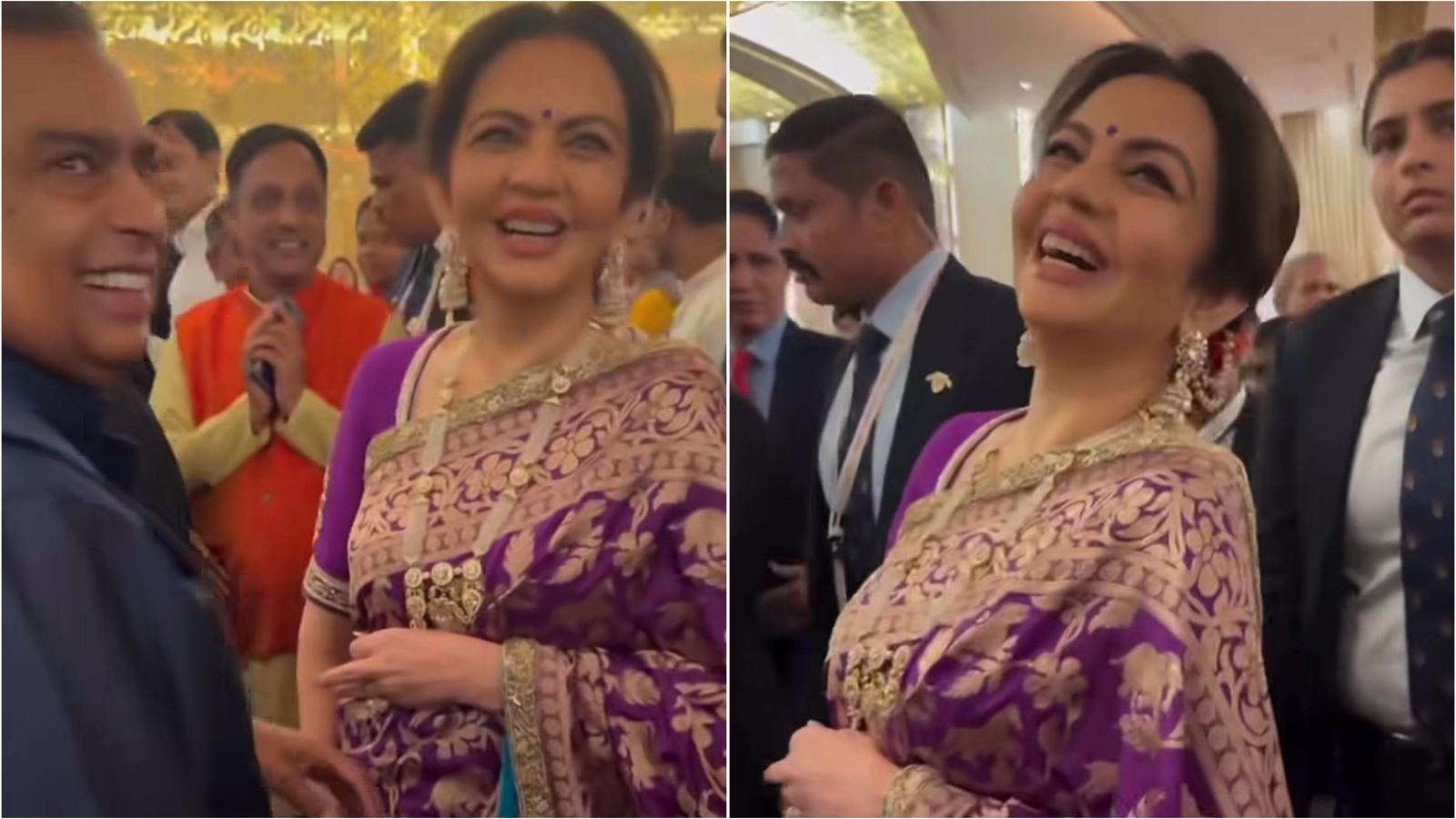 Nita Ambani glows in stunning purple Banarasi saree, gold jewellery; Anant and Mukesh Ambani rock kurta looks for Diwali