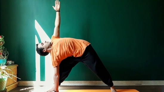 Triangle pose (Trikonasana) deeply stretches your legs, hips, back, chest, and shoulders Triangle pose (Trikonasana) deeply stretches your legs, hips, back, chest, and shoulders