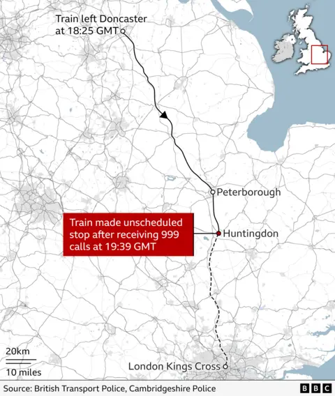Graphic map showing the train route from Doncaster, down to Peterborough and then on to Huntingdon. The remainder of the route to London is shown via a dotted line.