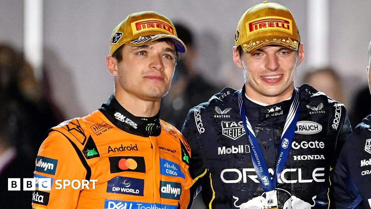 Lando Norris (left) stands alongside Max Verstappen (right) after the Las Vegas Grand Prix