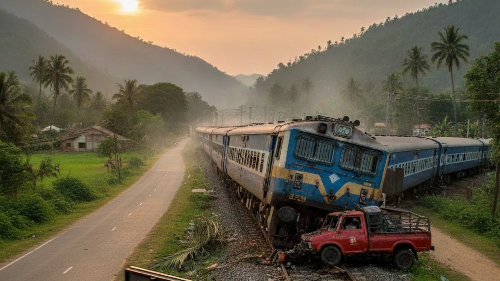 A passenger train collided with a pickup truck at an unauthorised crossing in the Ambassa Manu section