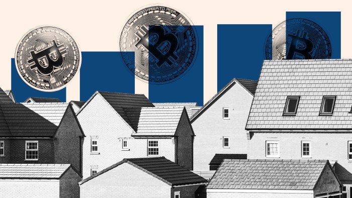 Montage image of homes, bitcoin and chart lines