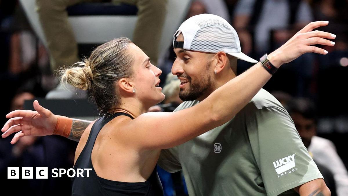 Aryna Sabalenka and Nick Kyrgios hug at the net