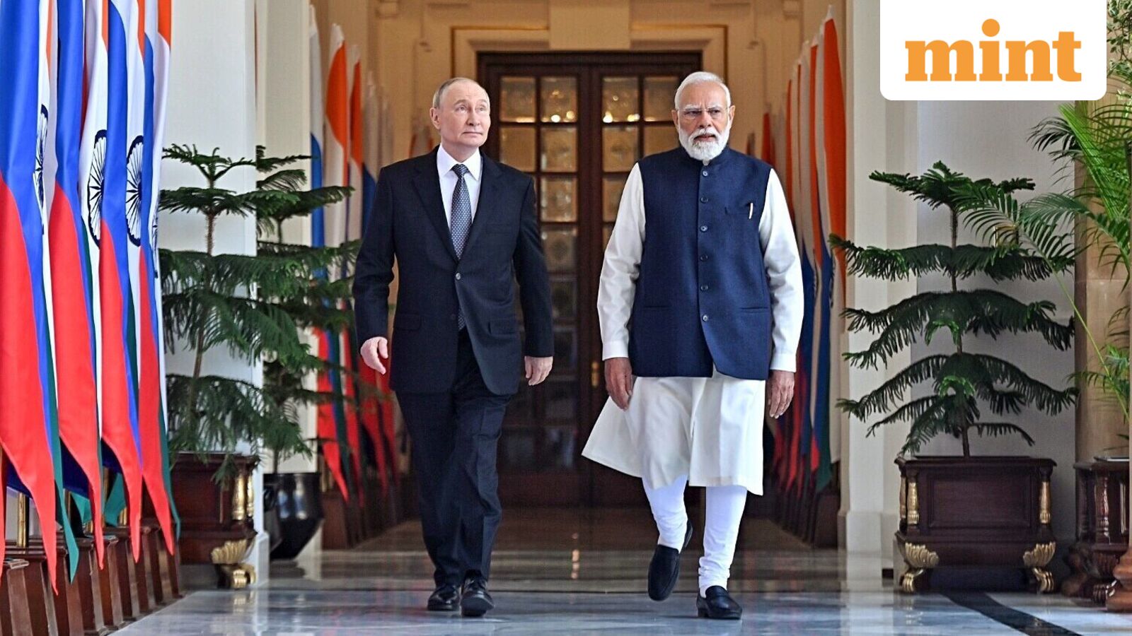 Prime Minister Narendra Modi and Russian President Vladimir Putin during the 23rd India-Russia annual summit at the Hyderabad House, in New Delhi on Friday.