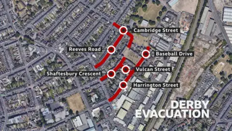 Aerial shot of the streets where residents had to evacuate their homes in Derby