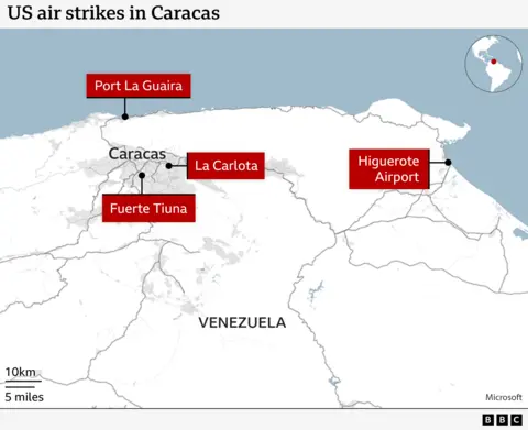 Map showing locations of US air strikes in and around Caracas, Venezuela. Highlighted sites include Port La Guaira to the north, Fuerte Tiuna and La Carlota in Caracas, and Higuerote Airport to the east.