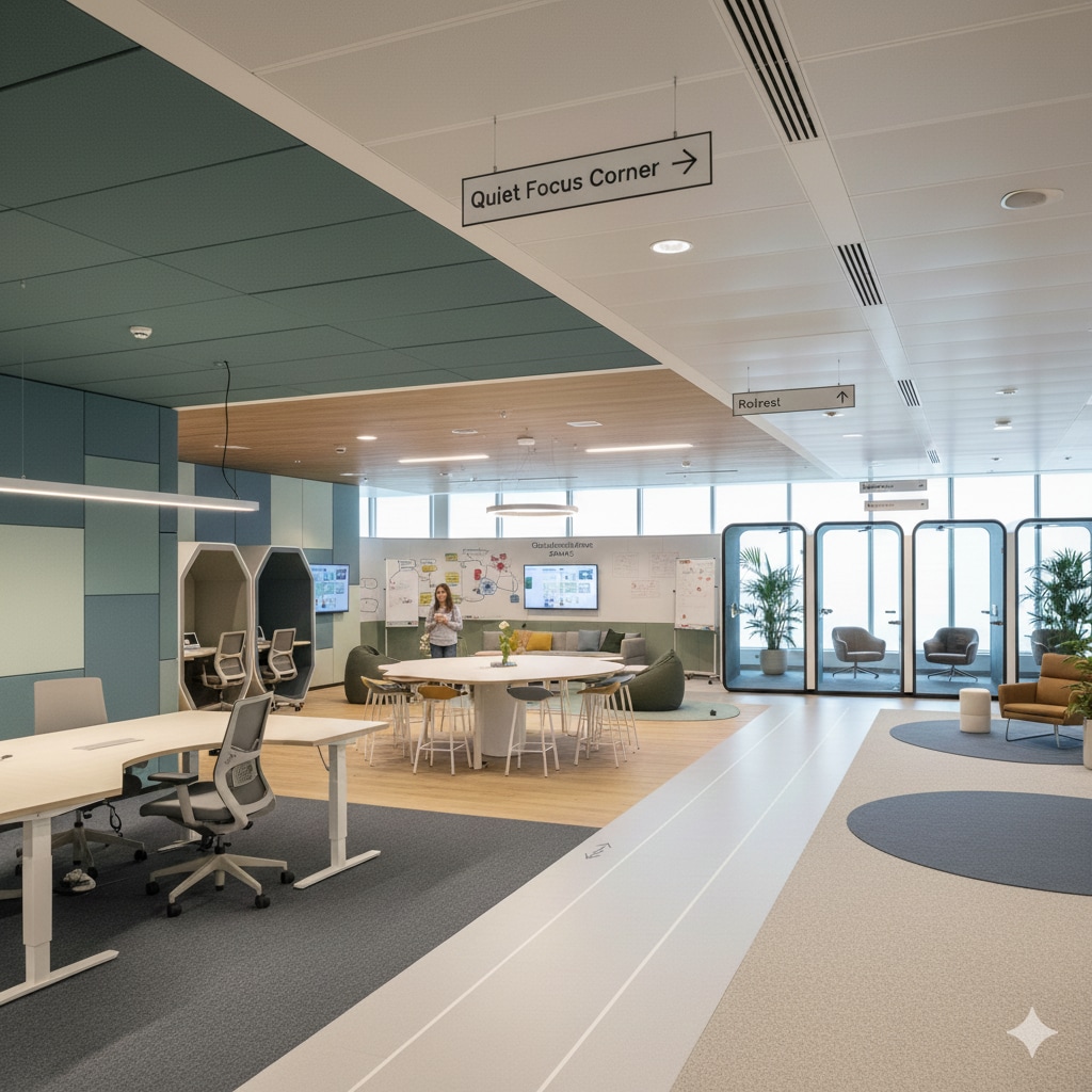 From acoustic panels to cocoon-like pods, workplaces designed to include neurodiverse people become more productive. (Picture credit: Gemini AI)