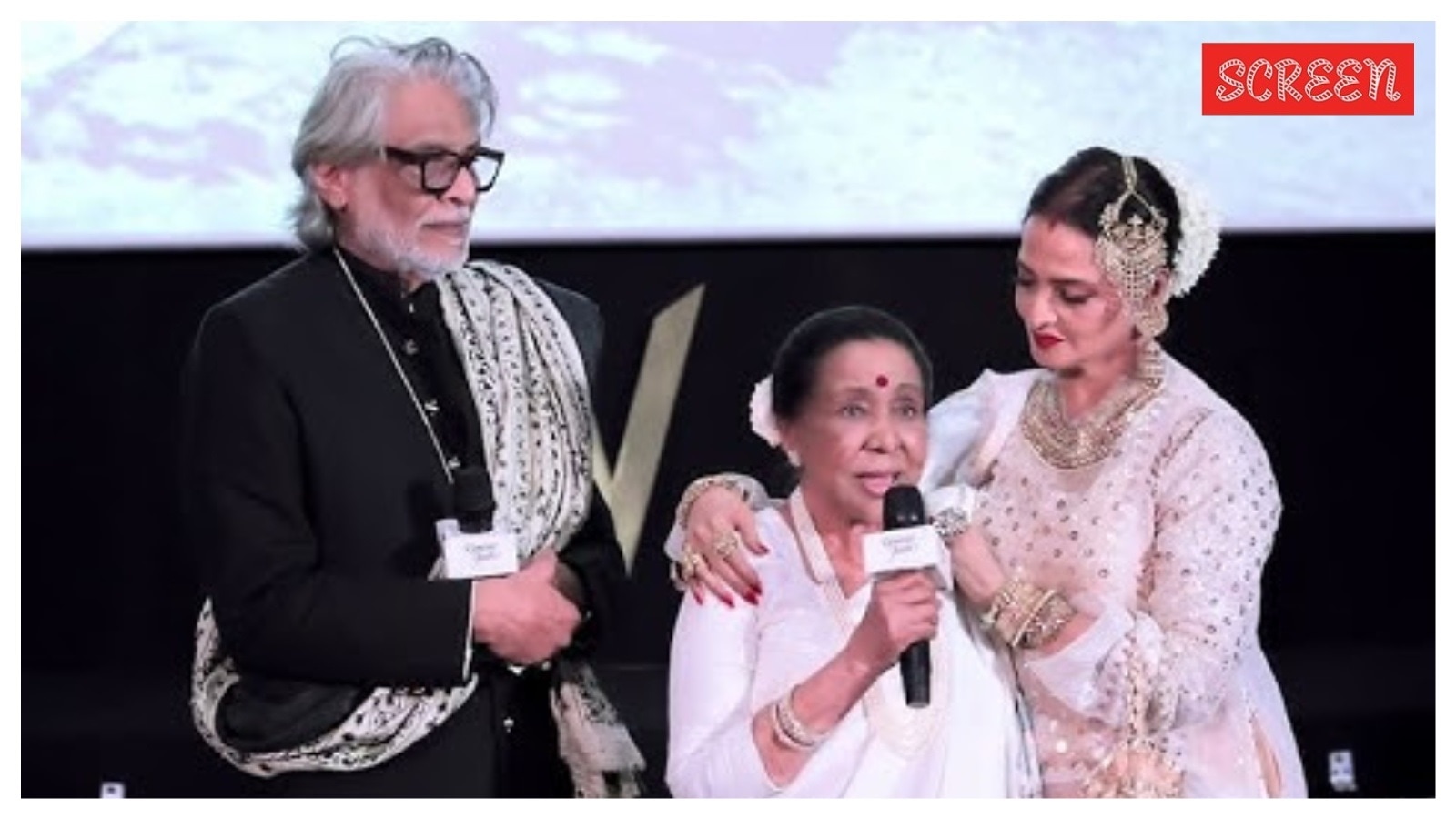 Muzaffar Ali, Asha Bhosle. and Rekha at the re-release premiere of Umrao Jaan.